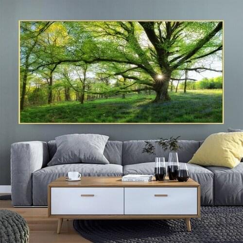 Green Tree Sunshine Painting on Canvas Landscape Posters and Prints Wall Art for Living Room HD Pictures Big Size Home Decor