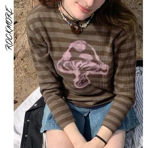 Rockmore Vintage Print Long Sleeve T-Shirt Women Y2K Aesthetic Crop Top Autumn Casual Cotton Baby Tee Basic Shirt Grunge Clothes