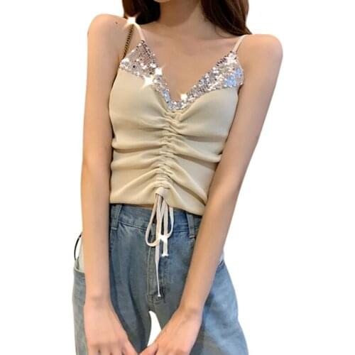 Female Camisole Drawstring Camisole Femme Camis With Sequin Women Summer Spaghetti Tank Tops