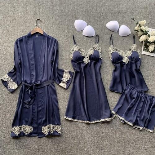 Sling Nightwear rayon Sleepwear women spring and summer sexy pijama four-piece long-sleeved home service with chest pads