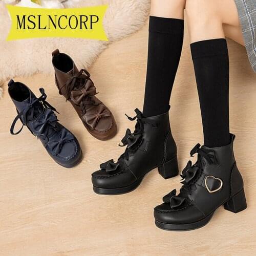 Plus Size 34-43 Thick with Ankle Boots Women Lace Up Platform Shoes Woman Lovely Sweet Bow Lolita Shoes Elegant Women Boots 2021