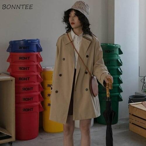 Trench Women Turn-down Collar Long Sleeve Casual Autumn Temperament Student All-match Double Breasted Solid Simple Clothing Lady