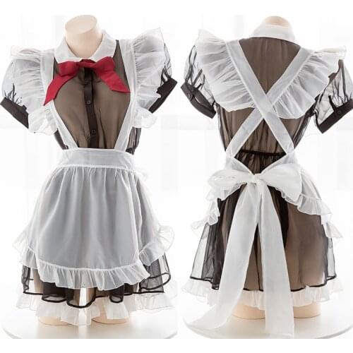 Vintage Japanese Style Cute Bowknot Lolita Maid Apron Sets Womens Black White Perspective Uniform Dress Suit Sleepwear Cosplay