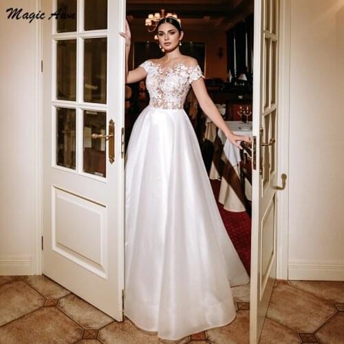 Magic Awn Vintage White Wedding Dresses Lace Appliques Illusion Organza Boho Bridal Gowns For Women Short Sleeve Abito Da Sposa