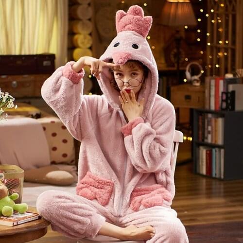 Winter Pajamas Women Sleepwear Plush Fashion Hooded Coral Velvet Nightgown Home Wear Cartoon Flannel Nighty Add Fleece Plus Size