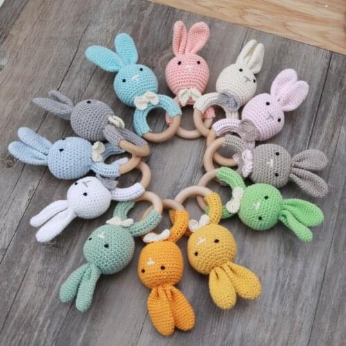 1PC Baby Rattle Toys Rabbit Crochet Wooden Teething Ring Baby Teether Cot Hanging Toy