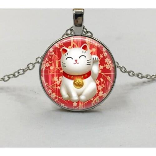 1 pcs New Red Maneki Neko Lucky Cat Glass Cabochon Tibet silver pendant chain necklace, gifts for girls