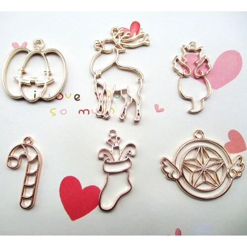 10pcs Halloween Christmas Deer Head Cane Socks Pumpkin Hollow Accessories Pendant KC Gold Mixed