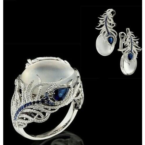 2019 Bohemia Silver Moonstone Blue Stud Earrings Big Rings Sets for Women Wedding Statement Feather Brinco Ring Fashion Jewelry