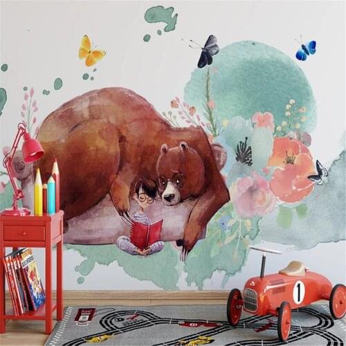 Milofi customized 3D non-woven wallpaper mural story bear hand-painted cartoon childrens room background wall TV wall