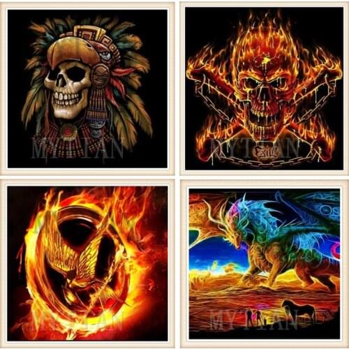 Hot Full square drill 5d diy diamond painting tiger, dragon, phoenix 3d diamond embroidery fire animal icon diamond mosaic kit