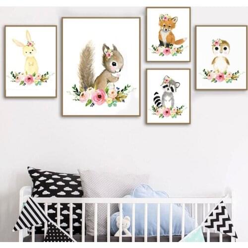 Baby Rabbit Canvas Painting Wall Art Little Woodland Animal Cute Flower Bunny Raccon Rabbit Nursery Kid Room Print Poster Decor