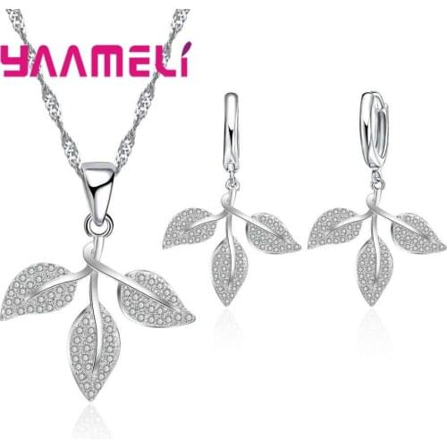 YAAMEL Top Quality Leaves Shape 925 Sterling Silver Necklace Earrings Set Full Cubic Zirconia Women Girls Accessories Jewelry