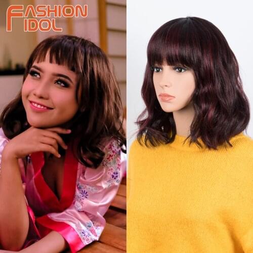 Red Lolita Style Wigs With Bangs Cosplay Short Body Wave Hair 12 Inches Anime Synthetic Black Wig For White Women FASHION IDOL