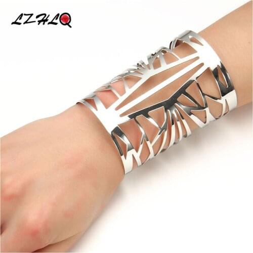 LZHLQ Fashion Geometric Hollow Punk Bangle Women Maxi Adjustable Metal Plated Cuff Bangle 2019 Famous Brand Jewelry Accessories
