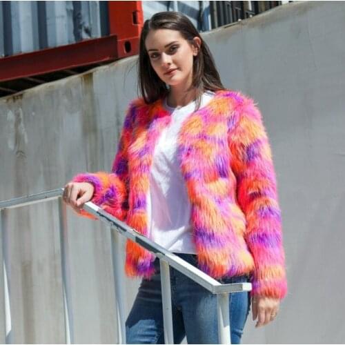 Fashion contrast color faux fur coat 2019 autumn winter new high-grade 0 collar long-sleeved casual faux fur coat color fur coat