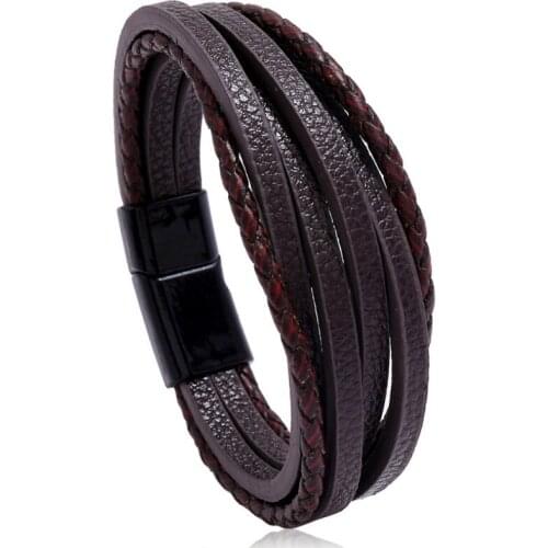 Punk Fashion Black Brown Leather Cuff Bracelet Vintage Casual Jewelry Multi-layer Charm Magnetic Buckle Wristbands Gothic Bangle