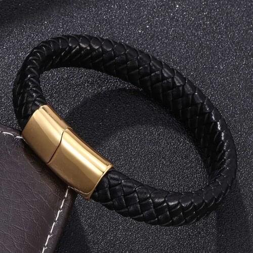 Fashion Men Black Braided Leather Bracelet Gold Color Stainless Steel Magnetic Clasp bracelets & bangles Gifts BB0229