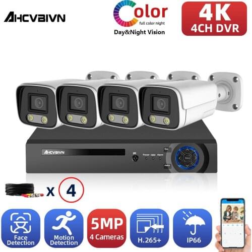 4K 4CH DVR Kit Outdoor Motion Detection Video Surveillance Camera Kit 5MP CCTV Home Security Colorfull Night Vision System Set