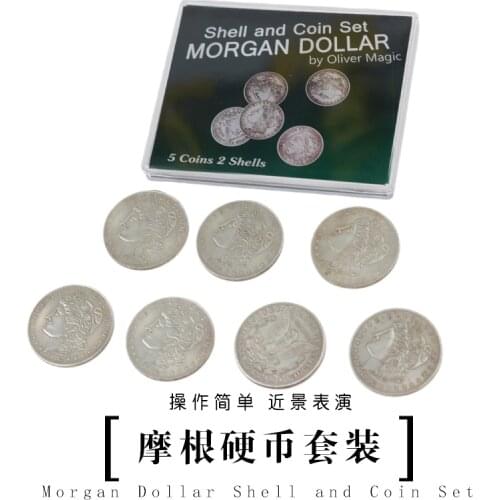 Morgan Dollar Shell and Coin Set (5 Coins + 1 Head Shell + 1 Tail Shell) Magic Tricks Gimmick Prop Close Up Illusions Coin Magia