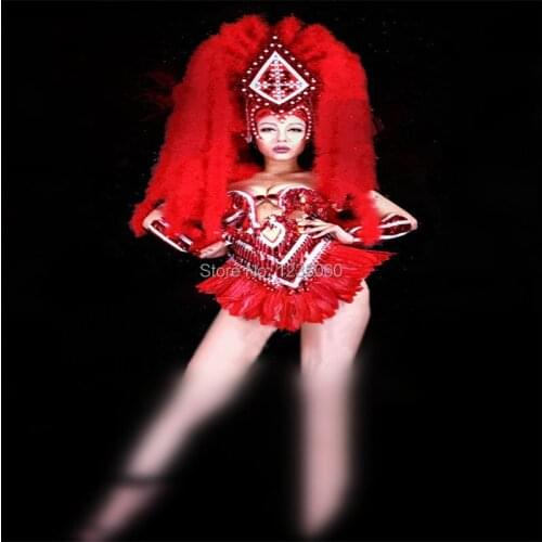 WYY Red feather party cosplay wears women dresses sexy stage dj show cloth ballroom costumes dancer performance catwalk bar bra