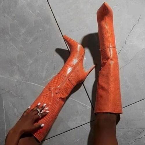Sexy Crocodile Leather Knee High Boots Pointed Toe Stiletto Heel Tight High Boots Runway High Heel Dress Shoes Orange Red Pink