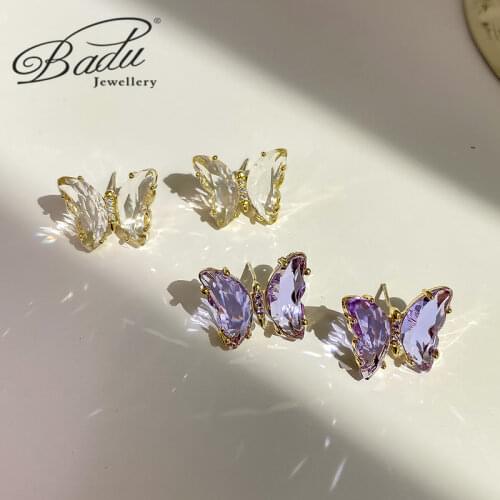 Badu Butterfly Stud Earrings Crystal Earrings Metal Wrapped Accessories Zircon Earrings Transparent Jewelry for Girls Gifts