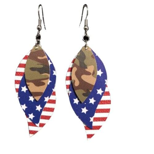 Triple Layer Super Fun and Patriotic American Flag Faux Leather Earrings Camouflage Stars USA Flag Earrings
