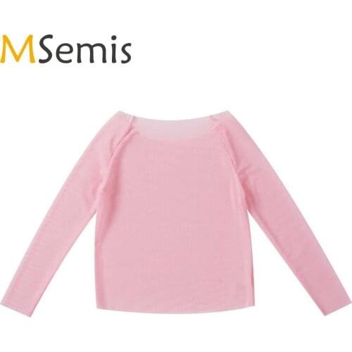 Girls Long Sleeves See-through Dance Crop Top for Ballet Dance Stage Performance Workout Tops Crop Top Kids Girl Ballet Leotards