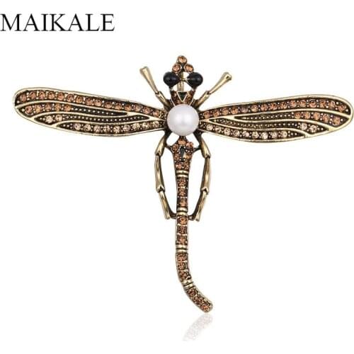MAIKALE Vintage Crystal Dragonfly Brooch Pins Pearl Rhinestone Insect Brooches for Women Kids Girls Bag Accessories Broche Gifts