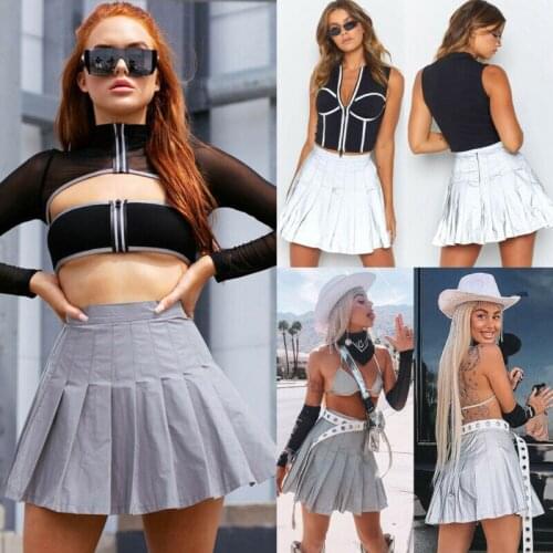 New High Waist Reflective Short Skirt Skater Pleated Mini Skirts School Girls Ladies Women