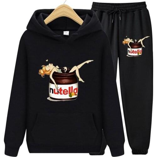 2021 Nutella Print Suit 90s Women Autumn Winter Black Pullovers Hoodie And Fitness Casual Pants Fashion Two Piece Set Oversized