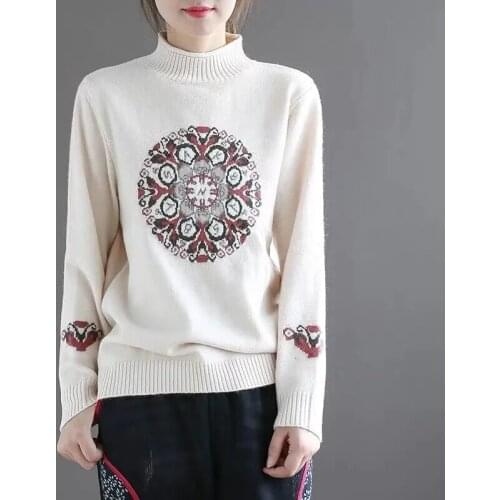 National Style Retro literary Pullover Sweater For Womens Long Sleeve Tops Embroidered Clothing Autumn Winter High Collar Red