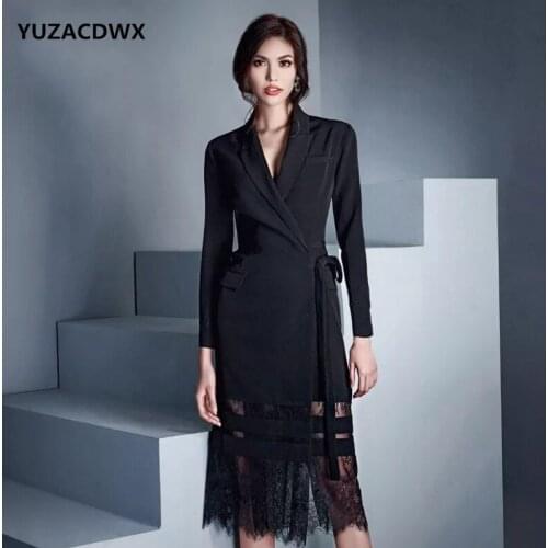 YUZACDWX 2019Autumn Fashion Women Long Sleeve Notched Lace Stitching Blazer Dress Suit Jacket Office Lady Wrap Dresses Vestidos