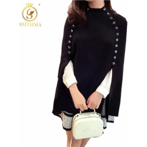 SMTHMA New Autumn Winter Fashion Runway Black Ponchos And Capes Loose Pullovers Long Knitted Wool Sweater Women Christmas Coat