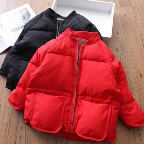 Winter Childrens' Jacket Round Neck Red Black Coat Baby Boys Girls 2To6 Years Solid Thickened Warm Jacket For Girls Boys Clothes