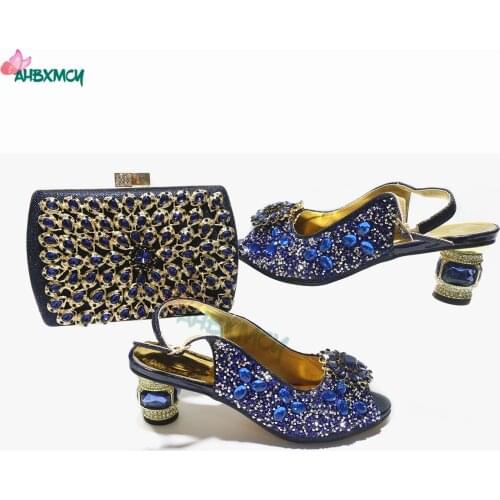 2021 Slingbacks Elegant Style Women Shoes Matching Hand Bag in Dark Blue Color Peep Toe Sandals with Shinning Crystal for Part