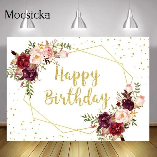Watercolor Flowers Happy Birthday Backdrop Golden Dots Floral White Background Birthday Party Cake Table Photocall Props