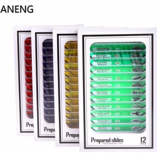 ANENG 12 Pcs Prepared Microscope Slides Set Specimen For Student Basic Biology Education