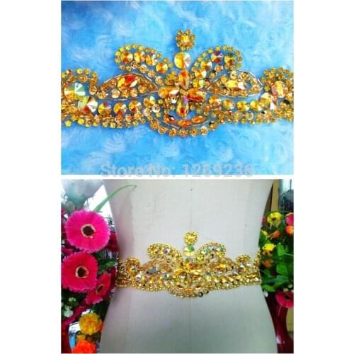 Free shipping hand made crystal patches Sequins Rhinestones applique 30*9cm for top dress belt