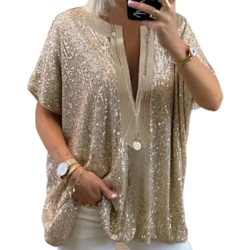 Blusas Plus Size Women Blouse Fashion Sequins V Neck Loose Female Shirts Summer Casual Short Sleeve Oversize Blouses Top
