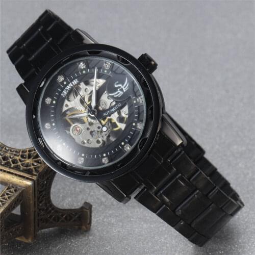 SEWOR Luxury Brand Men Watches Fashion Steampunk Black Skeleton Mechanical Hand Wind Watch Classic Man Watch relogio masculino
