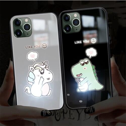 For iPhone 12 mini 11 Pro Max 8 7 6s Plus LED Flash Call Light Luminous Phone Case X XS MAX XR Cute unicorn tempered glass cover