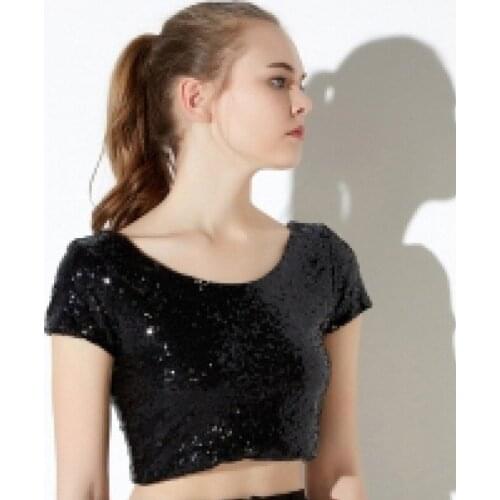 Woman Sequins T Shirt Bling Shiny Short Sleeved Tops Summer Casual Streetwear Dancing Crop Club Wear