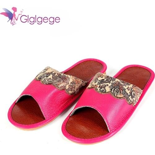 Glglgege Summer Couples Leather Slippers Women House Home Slippers Shoes Pantufas Mules Ladies Genuine Leather Shoes