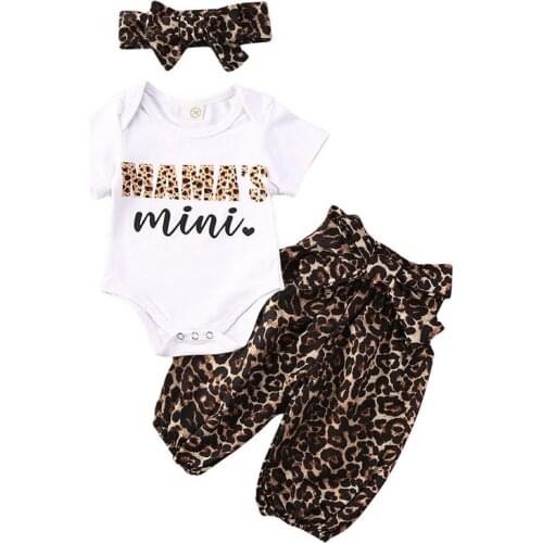 Lioraitiin 0-18M Newborn Infant Baby Girl 3Pcs Clothing Set Short Sleeve Print Letter Romper Top Leopard Long Pant Headband Set