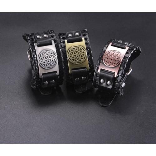 LIKGREAT Flower of Life Mandala Sacred Geometry Silver Color Metal Bracelet Amulet Leather Adjustable Men Buddhist gift Jewelry