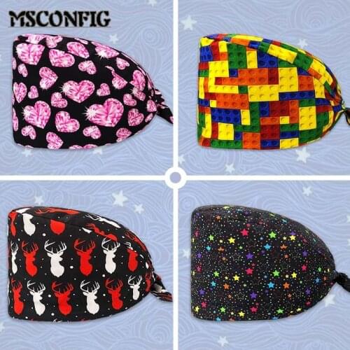 Cute and Personalized Multi-color Printed Frosted Cap Adjustable Surgical Cap Beauty Salon Pet Shop Nurse Cap Dentist Cap