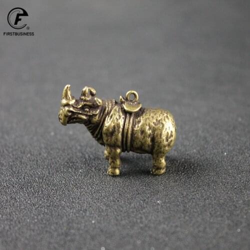 Handmade Pure Copper Cute Rhinoceros Miniatures Figurines Solid Vintage Brass Rhino Ornaments Tea Pets Desktop Keychains Craft