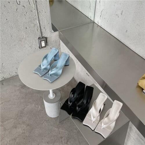 Fashion High Heels Mules Women Flip Flops Braided PU Leather Sandals Woman Shoes Ladies Square Open Toe Party Pumps dress shoes